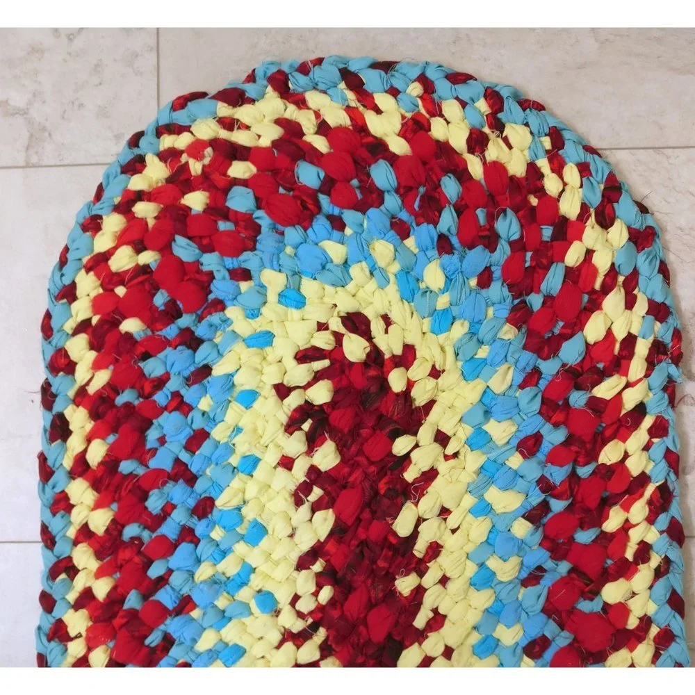 Yellow blue and red woven braided rag rug recycled fabric country farmhouse styl